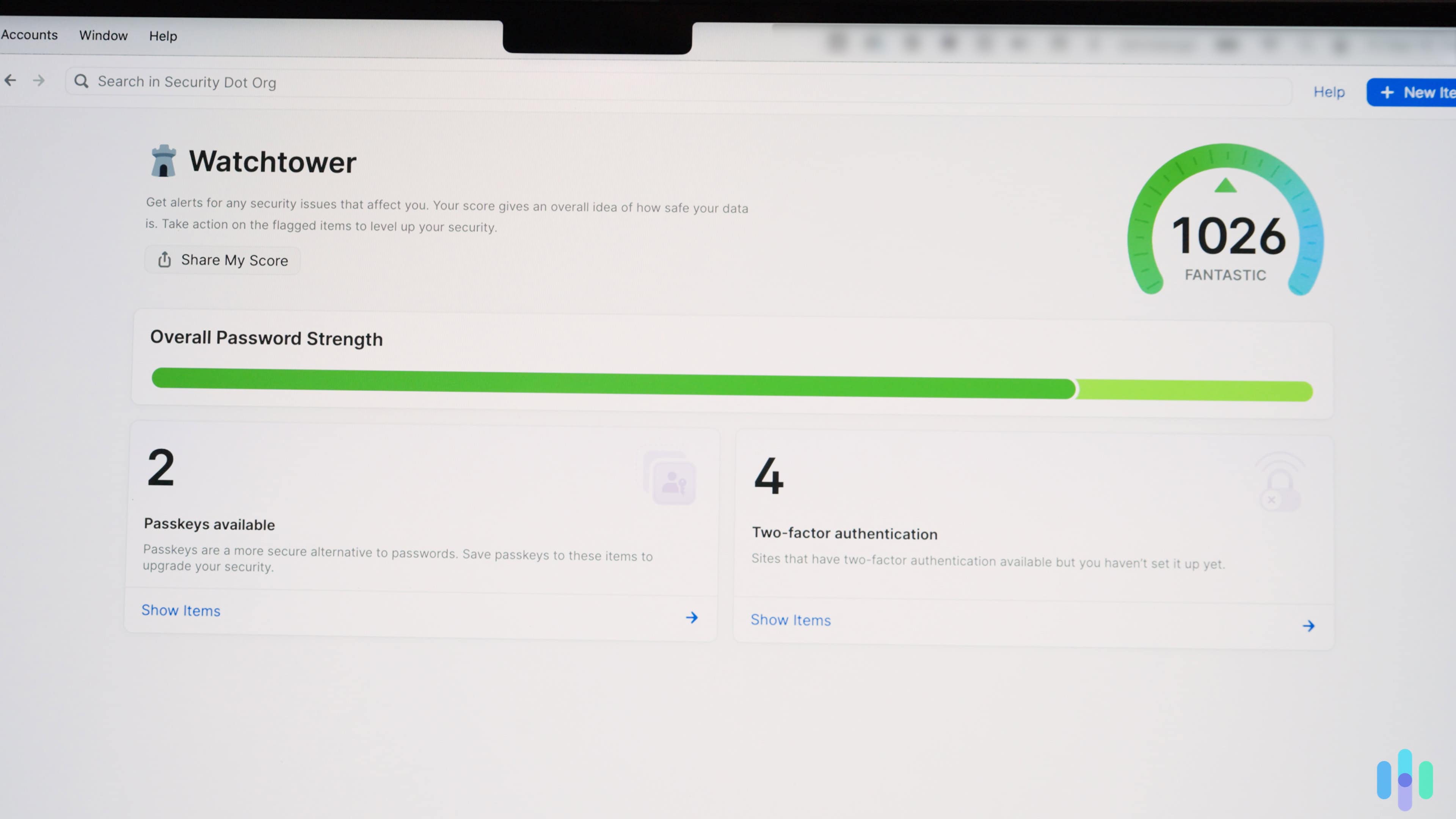 1Password’s Watchtower feature told us how we could improve the security of our accounts. 1Password’s Watchtower feature told us how we could improve the security of our accounts.