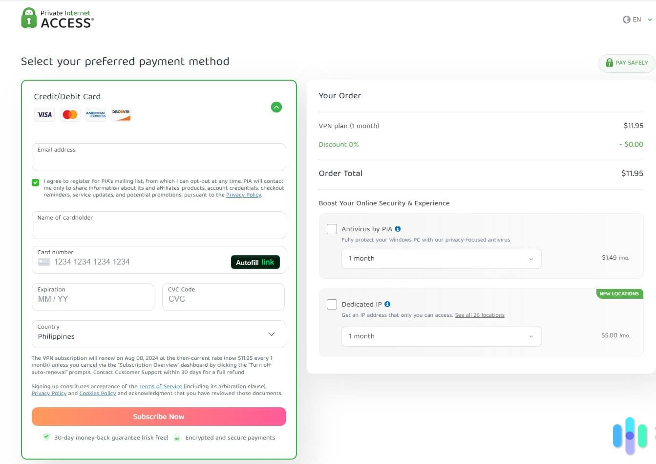 Buying a PIA VPN subscription with a credit or debit card Buying a PIA VPN subscription with a credit or debit card