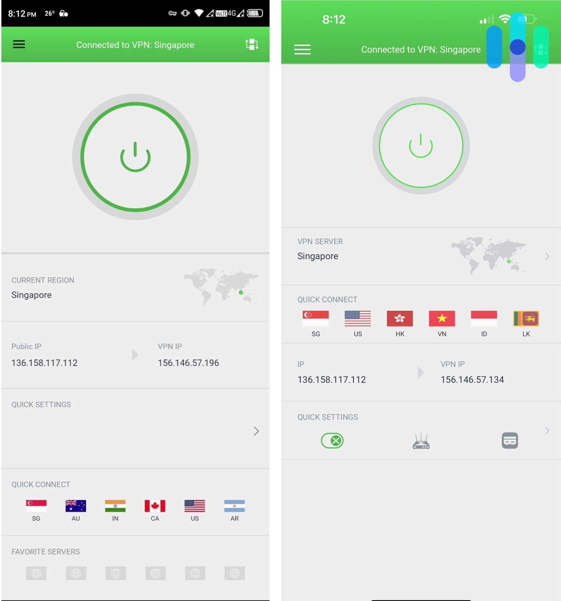 Private Internet Access Android an iOS apps side by side Private Internet Access Android and iOS apps side by side.