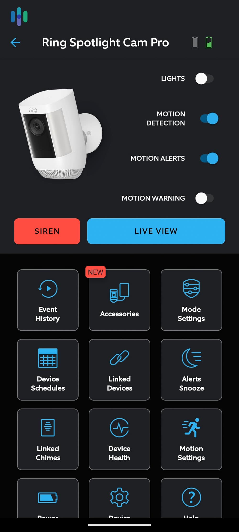 Ring Spotlight Cam Pro main screen on the Ring app Ring Spotlight Cam Pro main screen on the Ring app