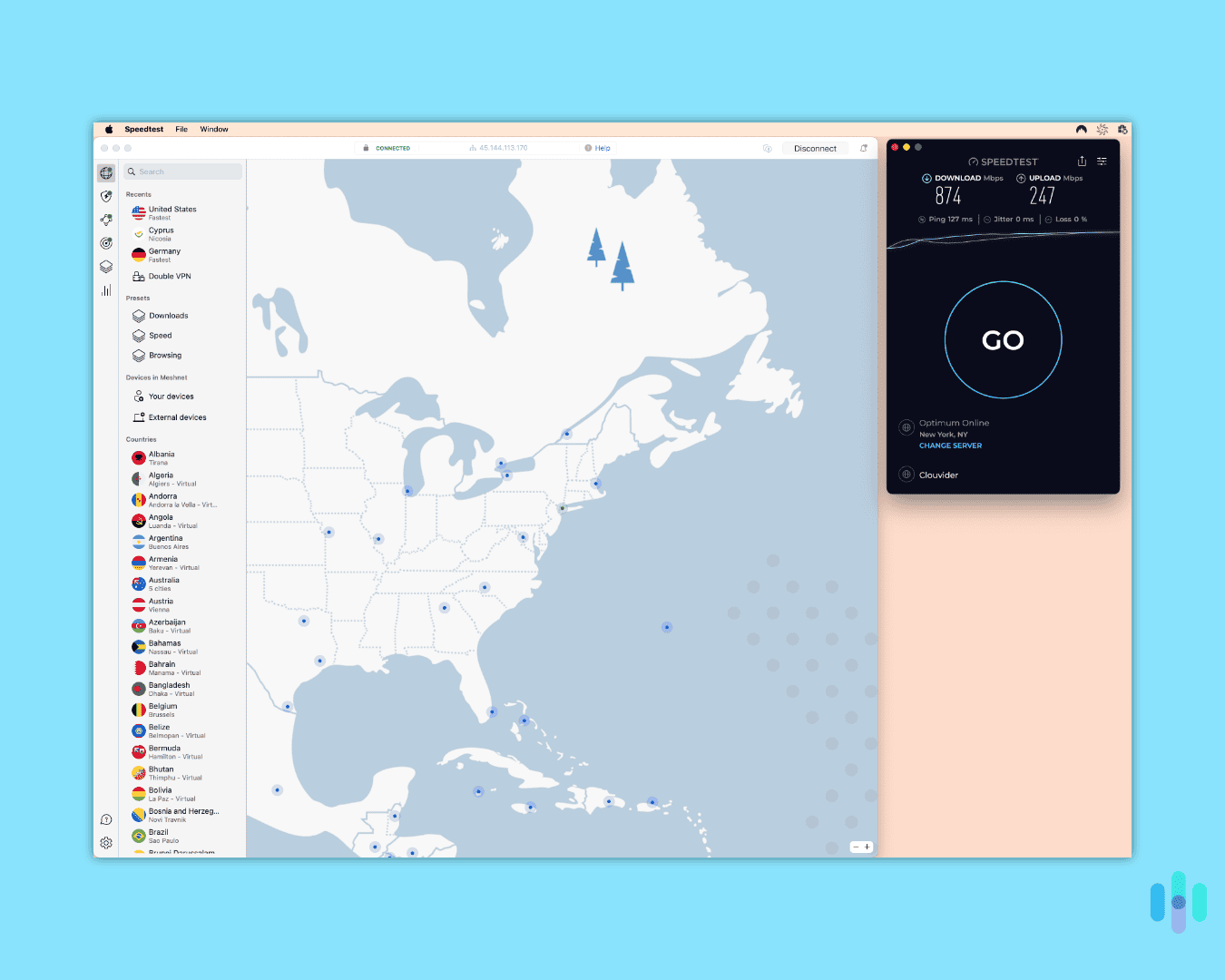 Check out those NordVPN speeds! Hardly any loss on a 932 Mbps wired line. Check out those NordVPN speeds! Hardly any loss on a 932 Mbps wired line.