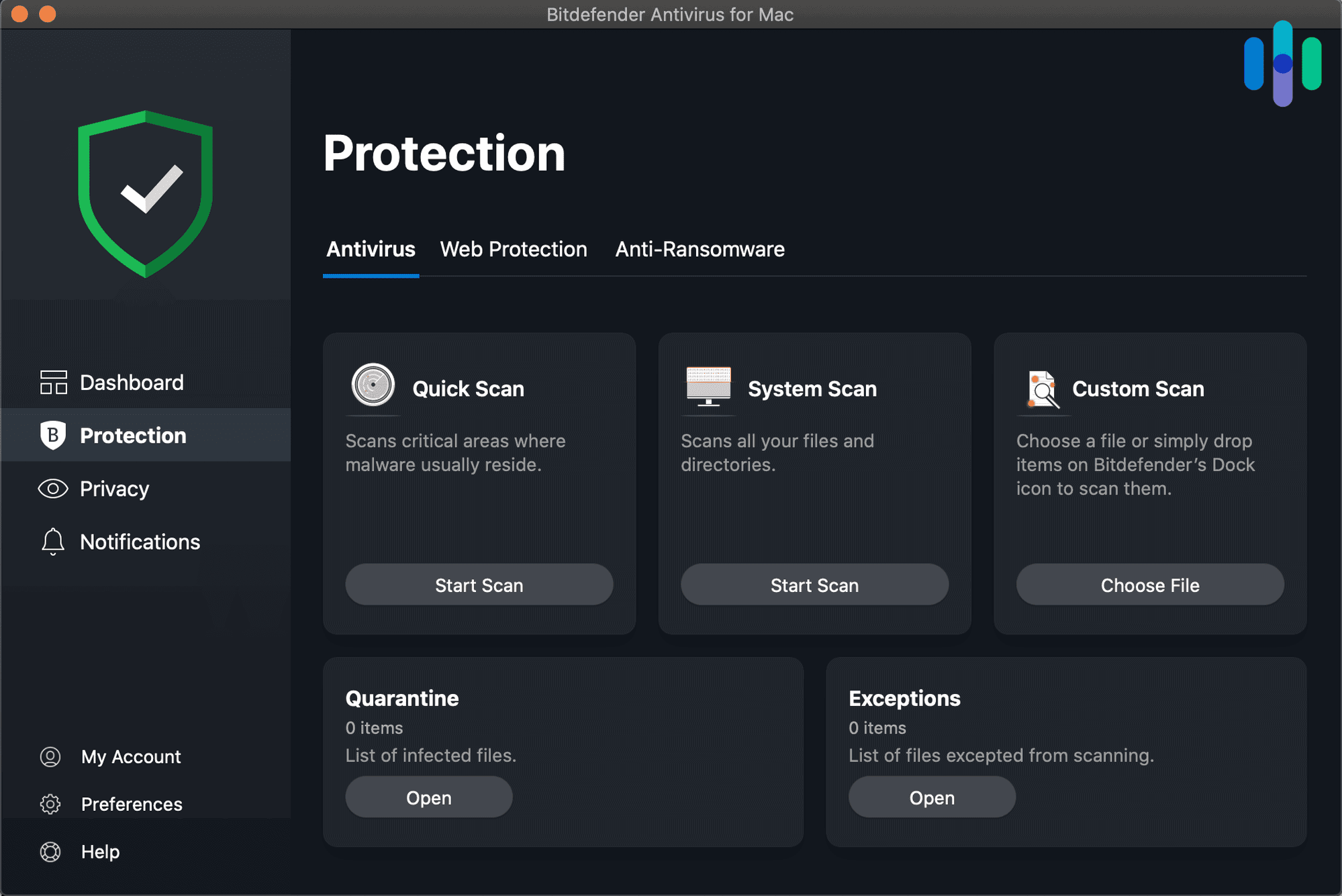 3_Bitdefender_s dashboard made it easy to run and schedule system scans Bitdefender’s dashboard made it easy for us to run and schedule system scans.