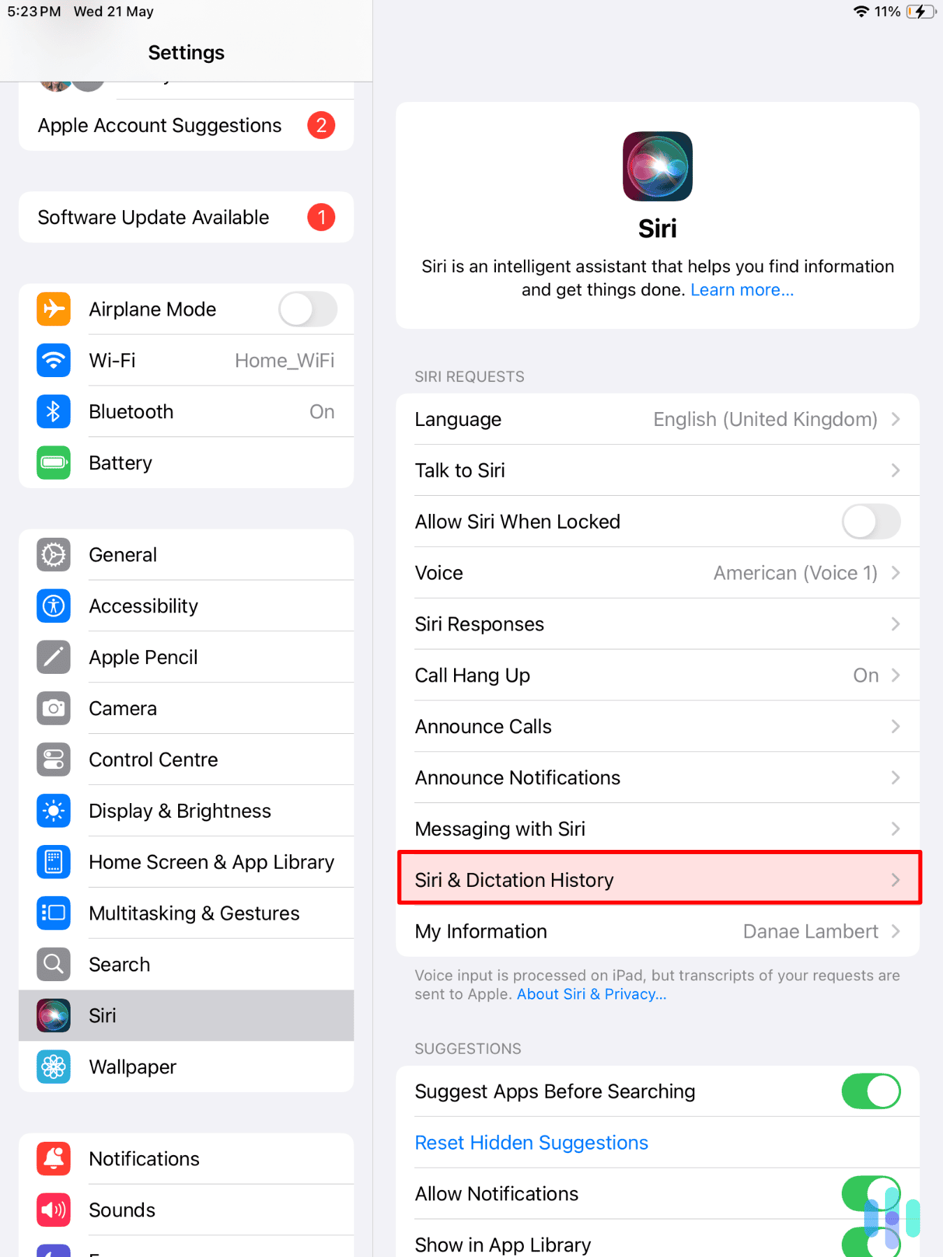 Locating Siri History within our iPad’s Settings panel Locating Siri History within our iPad’s Settings panel
