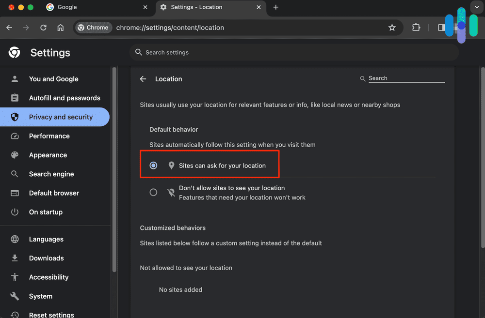 Chrome’s location settings Chrome's location settings