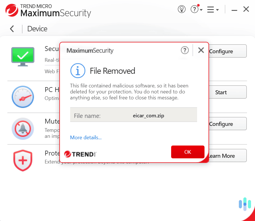 Even though Trend Micro allowed us to download the EICAR malware test file, it immediately removed it once it was downloaded. Even though Trend Micro allowed us to download the EICAR malware test file, it immediately removed it once it was downloaded.