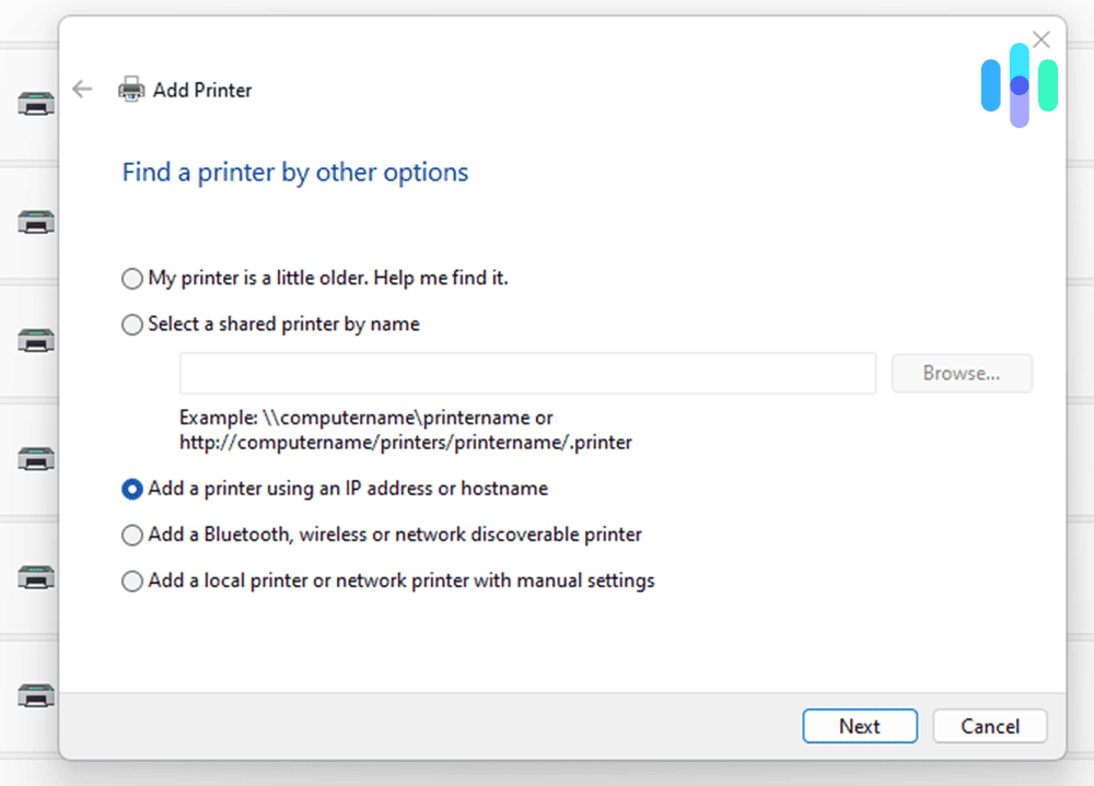 Add a printer using an IP address or hostname Add a printer using an IP address or hostname