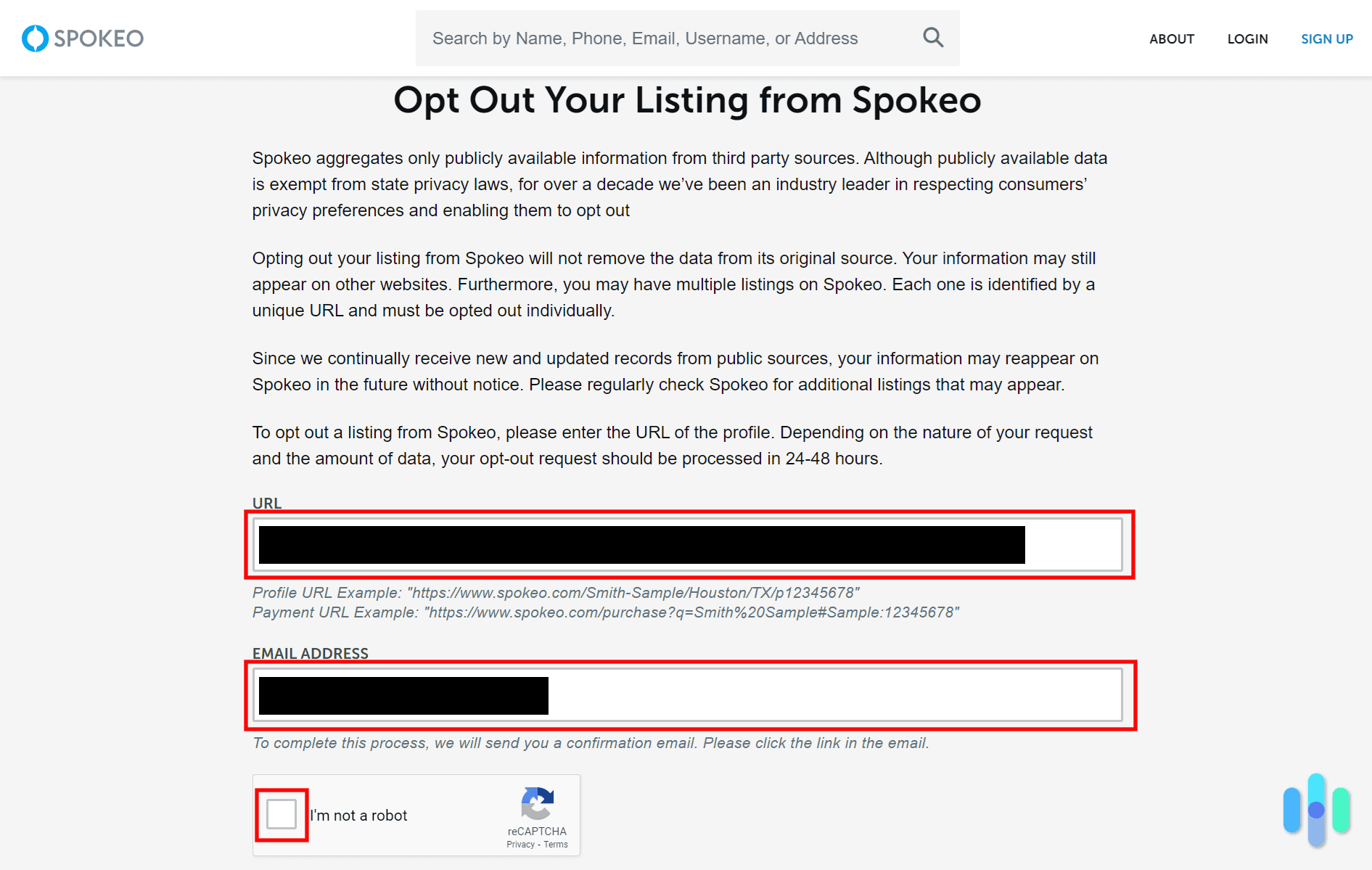 We filled in the requested fields to start the removal request. We filled in the requested fields to start the removal request.