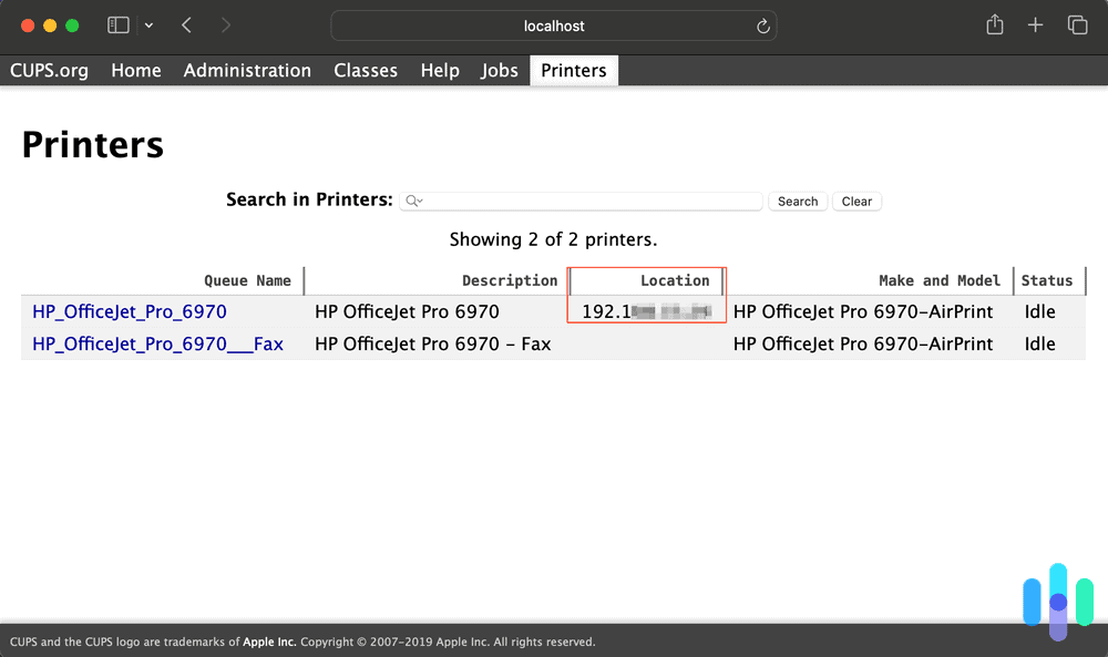 Printer IP address location from the CUPS webpage Printer IP address location from the CUPS webpage
