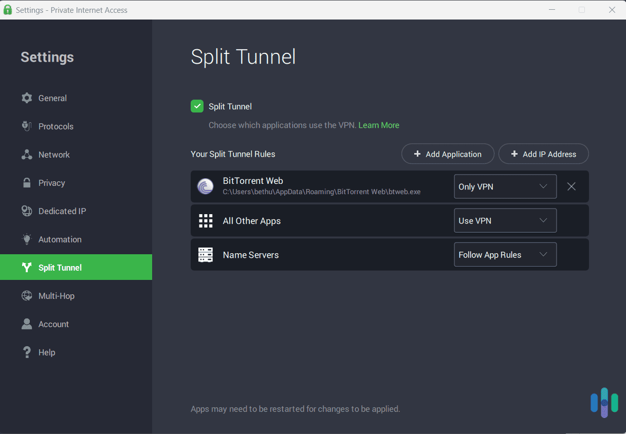 Private Internet Access advanced split tunneling Private Internet Access advanced split tunneling