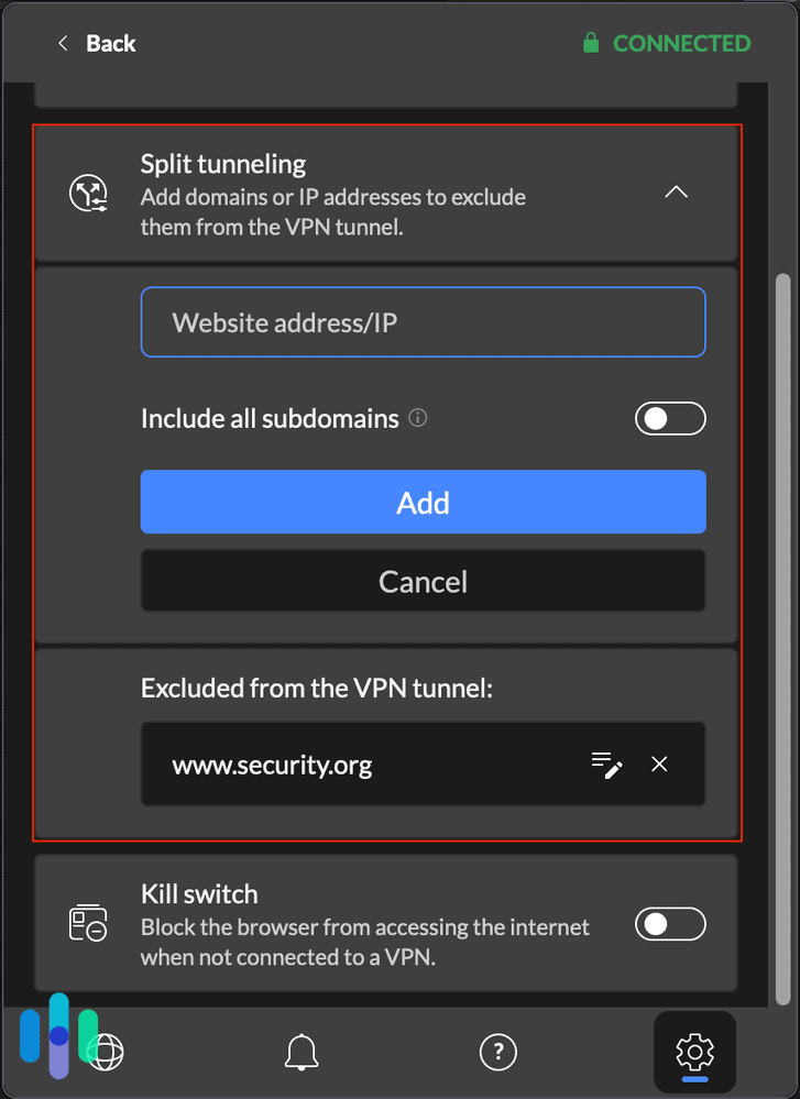 Split tunneling settings Split tunneling settings