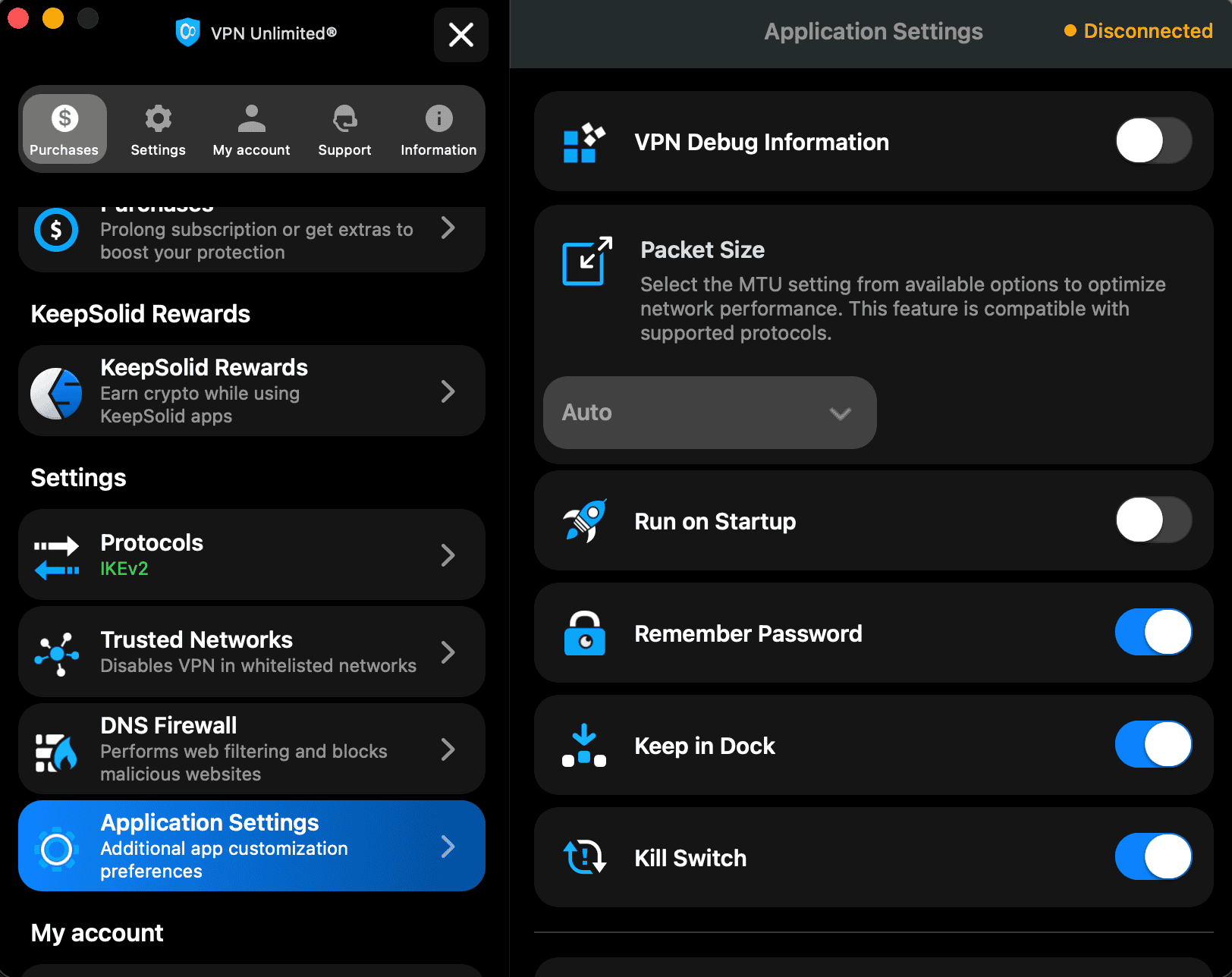 The Application Settings panel on VPN Unlimited’s macOS app, showing the kill switch toggle alongside packet size, startup, and dock options. The Application Settings panel on VPN Unlimited's macOS app, showing the kill switch toggle alongside packet size, startup, and dock options.