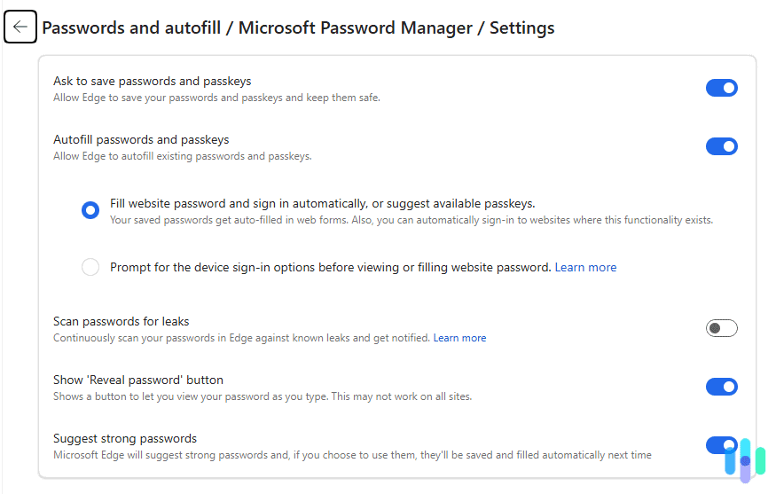 The Settings page is where you can have Edge save passwords, recommend new passwords, and scan passwords for leaks The Settings page is where you can have Edge save passwords, recommend new passwords, and scan passwords for leaks.