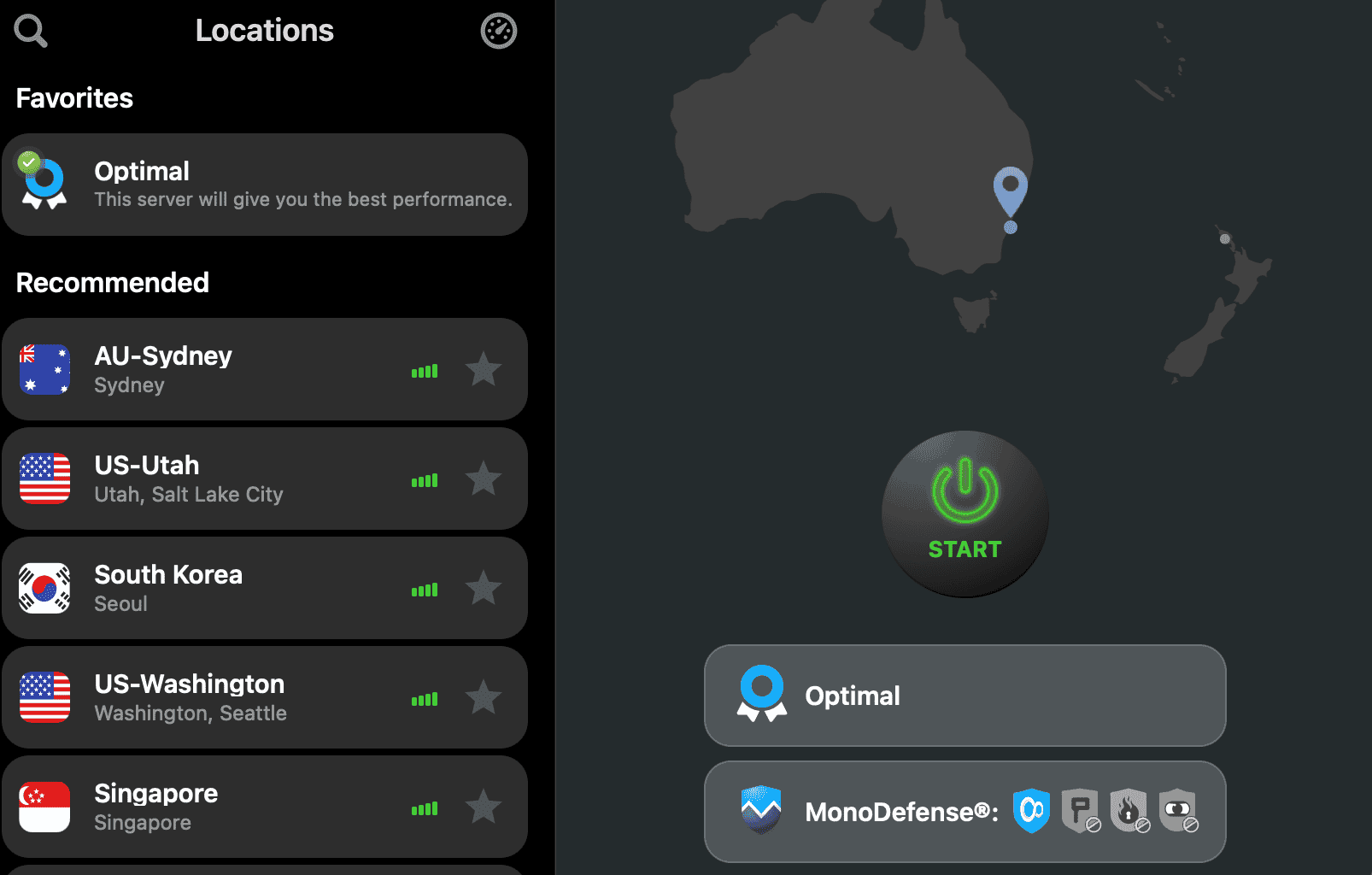 The VPN Unlimited macOS app showing recommended servers including AU-Sydney, US-Utah, South Korea, and Singapore.