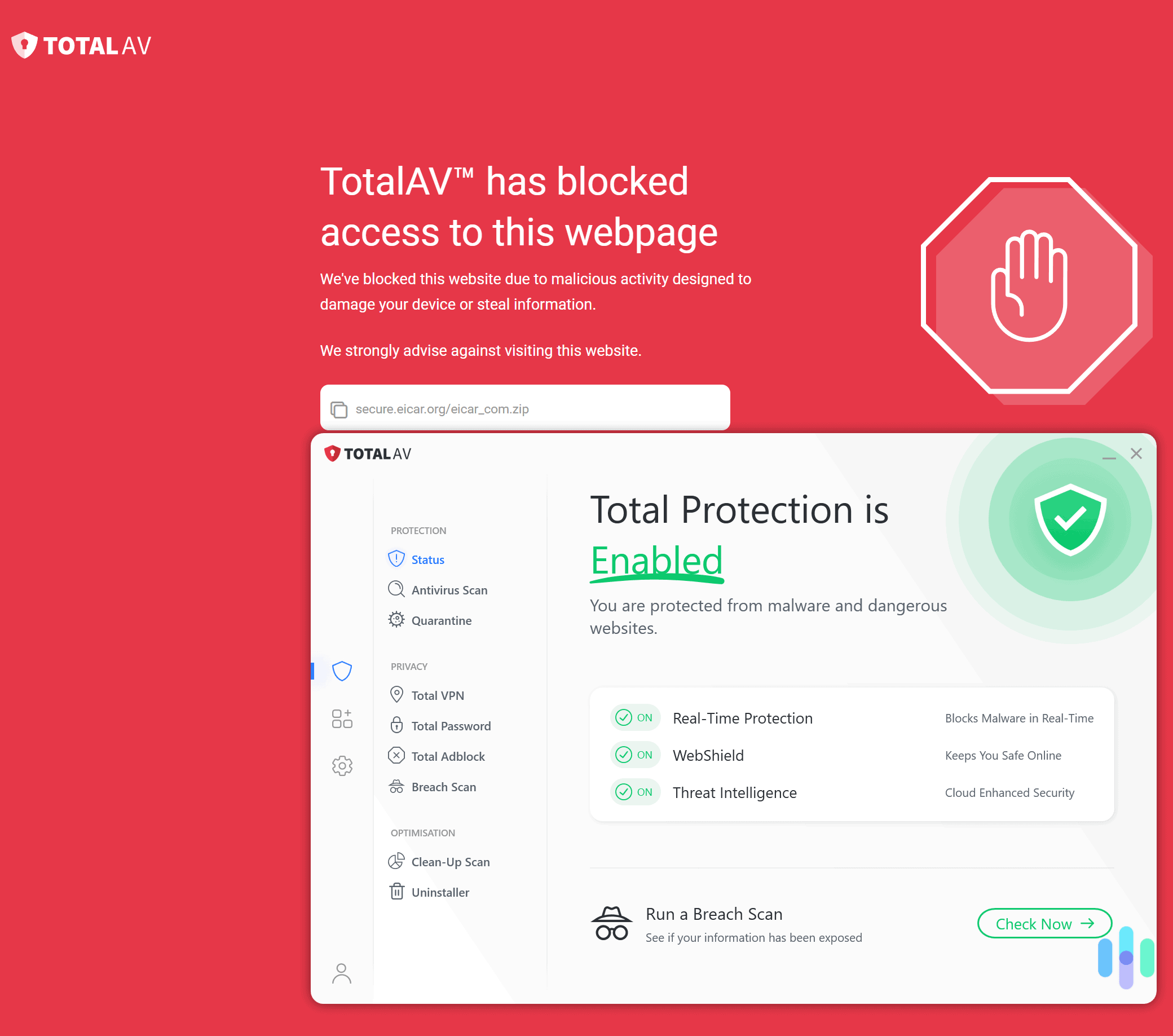 TotalAV always prevented us from downloading malware test files. TotalAV always prevented us from downloading malware test files.
