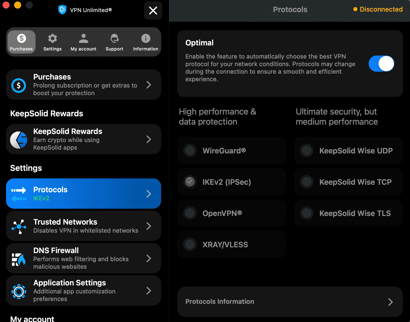 VPN Unlimited’s settings page on macOS showing the full protocol list including WireGuard, IKEv2, OpenVPN, KeepSolid Wise UDP and TCP, and XRAY_VLESS VPN Unlimited's settings page on macOS showing the full protocol list