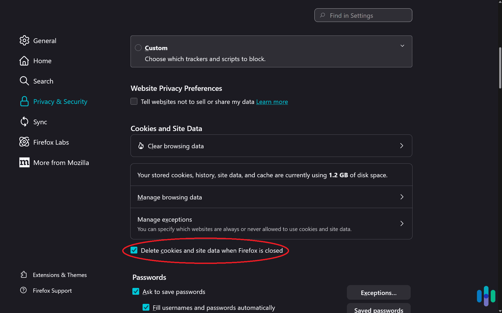 We circled the checkbox to automatically delete cookies when you close Firefox in red to make it easier for you to find. We circled the checkbox to automatically delete cookies when you close Firefox in red to make it easier for you to find.