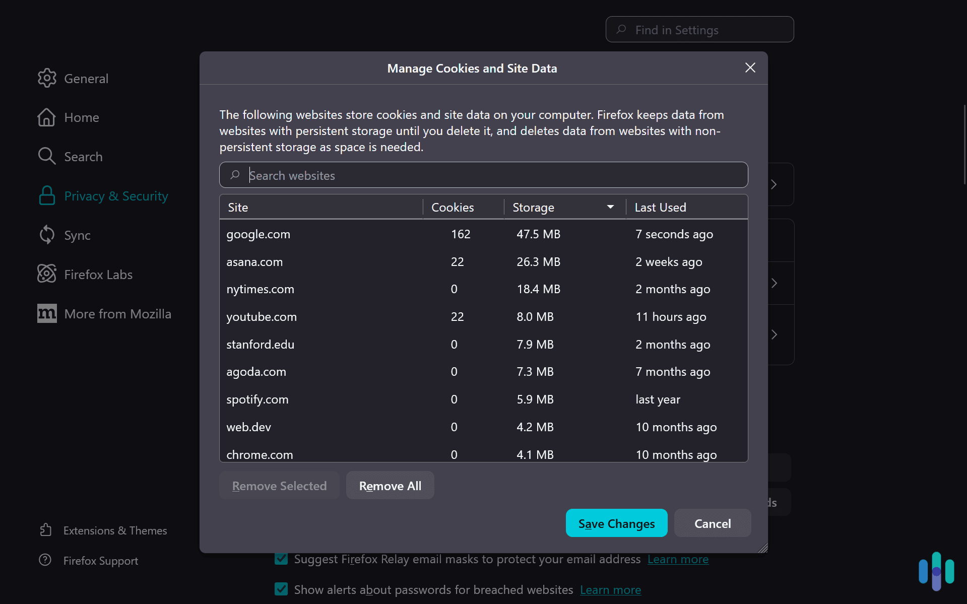 We review all of the sites that have stored cookies on Firefox and remove any unnecessary cookies every two weeks. We review all of the sites that have stored cookies on Firefox and remove any unnecessary cookies every two weeks.