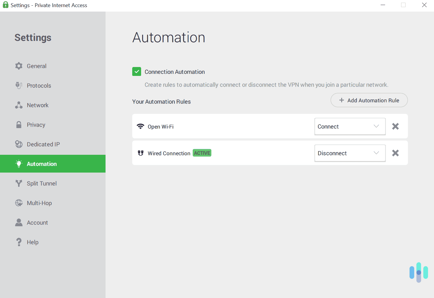We were able to configure the Windows app to automatically connect to a VPN server depending on what kind of network we were using. We were able to configure the Windows app to automatically connect to a VPN server, depending on what kind of network we used.